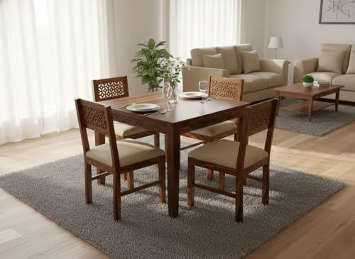 Image of RECTART Solid Wood Dining Table Set with Chairs for Living Room Home | Wooden Dining Room Sets Furniture for Hotels and Restaurants | (CNC-White-N, 4 Seater)