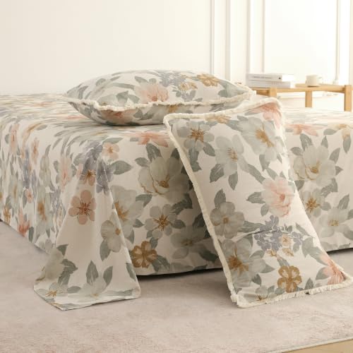 Image of Story@Home King Size Bedcover Set | 400 TC Microfiber Bedding Set with 1 Duvet Cover 1 King Bedsheet 270 x 250 cm & 2 Pillow Covers | Soft Durable Duvet Cover Set Floral Pattern | Beige Peach
