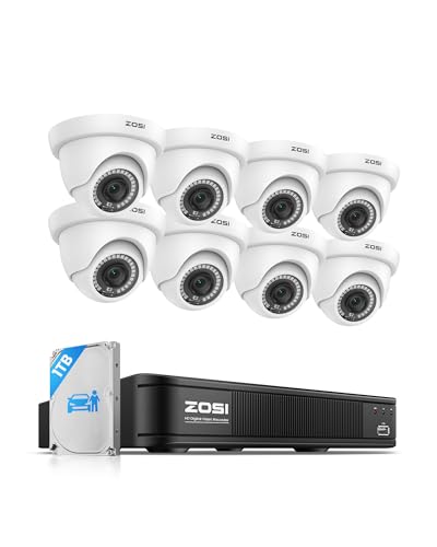 ZOSI 5MP 3K Lite 8 Channel H.265+ Home Security Camera System with AI Human Vehicle Detection, 8CH Surveillance DVR, 8 x 1080p Weatherproof CCTV Dome Camera Outdoor Indoor, 80ft Night Vision, 1TB HDD
