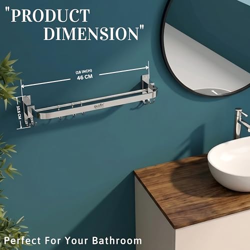 Image of GLOXY Premium 18 Inch Towel Holder for Bathroom - Stainless Steel Foldable Towel Rod with Hooks - Wall Mounted Towel Hanger with Chrome Finish - Space Saving Towel Bar - Bathroom Accessories