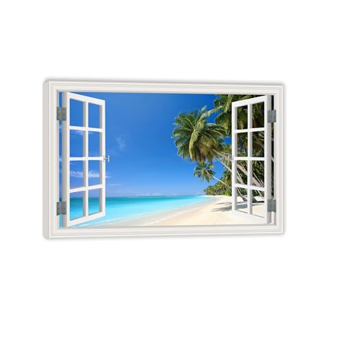 Tableau sur toile fausse fenêtre marine - Déco murale salon plage 90x60cm