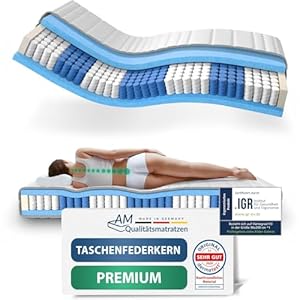 AM Qualitätsmatratzen Premium Taschenfederkernmatratze 100x200cm H3 24cm - Made in Germany & Oeko TEX Siegel - 7 Zonen Federkernmatratze 100x200 mit Lyocell Bezug - Ergonomische Matratze 100x200 H3