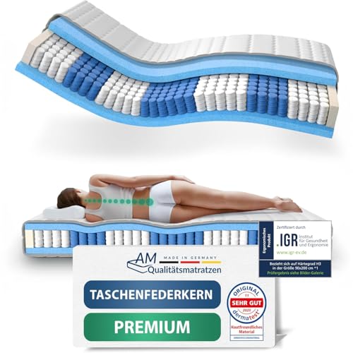 AM Qualitätsmatratzen Hochwertige 7-Zonen Taschenfederkernmatratze 90x200cm - 24 cm Premiumhöhe - Tonnentaschenfederkernmatratze 90x200 cm - H3