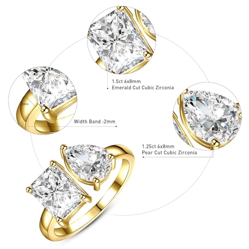 Adjustable Toi Et Moi 14K Gold Plated Engagement Ring for Women Radiant-Cut & Pear-Shaped AAAAA Cubic Zirconia Fake Wedding Ring|Statement Promise Ring for her Choose Open Size 5-93