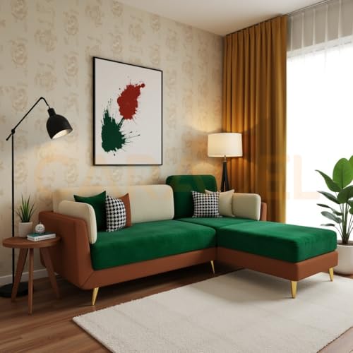 Image of Windsor 5 Seater L Shape Sofa Set for Living Room Green-Beige (RHS) | Comfortable Sofa Set 5 Seater | Fabric Sofa 3+2 Couch for Living Room Wedding Gift- 1 Year Warranty