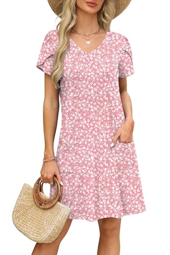 Image of OFEEFAN Womens Summer Dresses 2026 Tulip Petal Short Sleeve V Neck Loose Swing Sundresses with Pockets Plain /Print