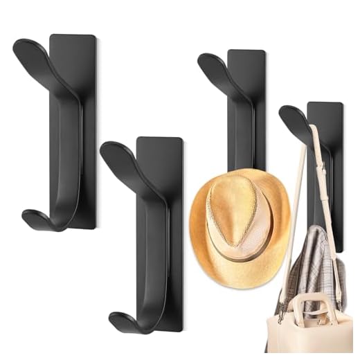 Fentar 4Pcs Perchas Pared, Negro Ganchos Pared, Inoxidables Colgador Toalla Baño Adhesivo, Doble Perchero Pared Negro, Colgar Toallas Baño sin Agujeros, Perchero Adhesivo Pared para Abrigo Ropa Bolsa