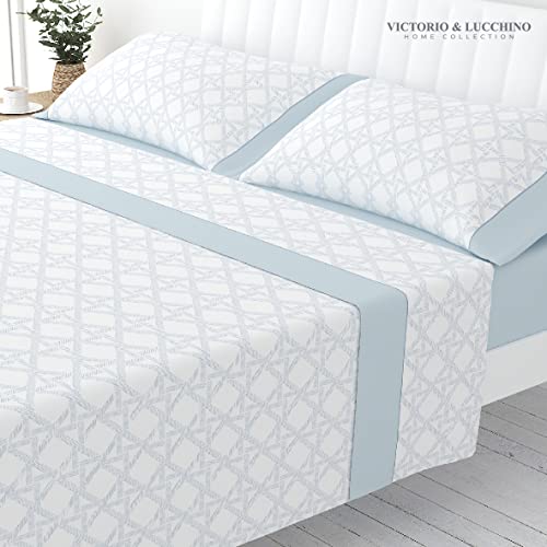 Victorio & Lucchino Juego de Sábanas Estampadas de Verano Algodón/Poliéster (Cama 150cm (2 Almohadas), Alessia - Celeste)