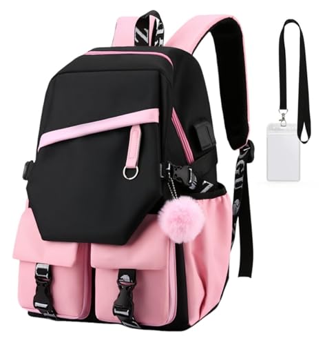 FSRONGXI Sacs d'école pour filles, adolescentes, sac à dos de grande capacité de 39,6 cm, sac à dos décontracté avec pendentif boule en peluche, rose, L