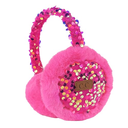 C.C Faux Fur Sequin Earmuffs For Women - Adjustable Soft Warm Winter Ear warmer (Hot Pink)