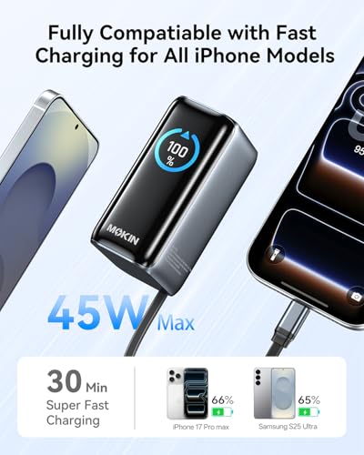 Image of MOKiN Portable Charger 10000mAh, 45W PD Power Bank with Built-in Retractable USB-C Cable, Smart Display Battery Pack, Airline Travel Compliant Charger for iPhone 17 /16 /15, Samsung Galaxy, iPad & More