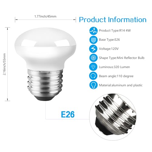 Haian Support China Cabinet Light Bulbs, 4W(25W) Short Light Bulbs, mini Size 2 inches, R14 E26 Curio Cabinet Light Bulb, 3000K Warm White, Dimmable, 4Pack