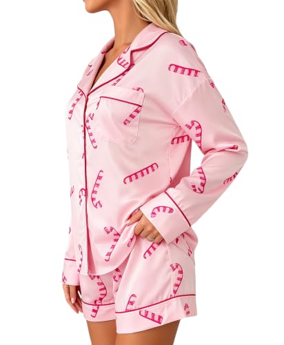 Luckinbaby Women Satin Christmas Pajamas Shorts Set Candycane 2 Piece Button Down Lounge Set Long Sleeve Shirt Shorts Sleepwear(Candy Pink,Small) - image 6