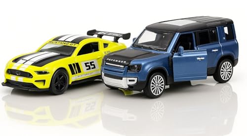 Image of Mustang GT & Defender Die-Cast Car Combo - 1:36 Scale Metal Pull Back Toy Cars for Kids, Boys, Collectors - Alloy Car Set with Opening Doors - Birthday Gift Pack - 2 Pcs