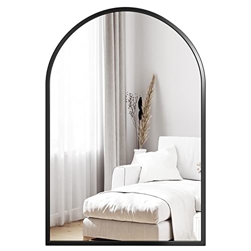Dripex 60x90cm Black Arched Mirror, Wall-Mounted or Leaning, Pre-Fitted Holes & Fixing Kit, for Bathroom, Living Room & Bedroom