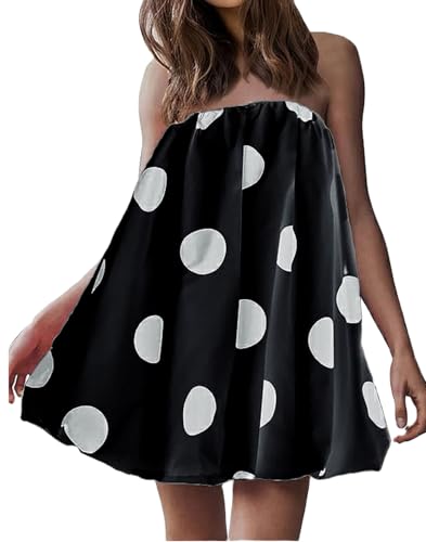 Image of Faretumiya Women Polka Dot Bubble Mini Dress Strapless Flowy Short Tube Dress Off Shoulder Y2k Balloon Dress Party Beach(