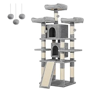 FEANDREA 67-Inch Multi-Level Cat Tree for Large Cats, with Cozy Perches, Stable, Light Gray UPCT18W