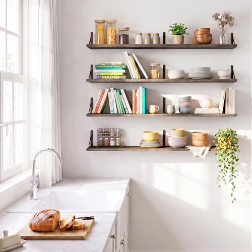 Image of YGEOMER Floating Shelves for Wall, 35in Brown Wall Shelves for Living Room, Bathroom, Bedroom, Kitchen, Home Decor (Set of 4)
