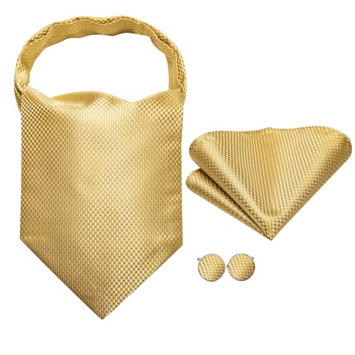 Image of Hi-Tie Silk Ascot for Men Self Tie Men's Cravat and Flower Lapel Pin Handkerchief Cufflinks Set for Wedding Party