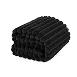OHS Faux Fur Ribbed Throw Blanket for Sofa, Super Soft Cosy Warm Winter Thick Fleece Blanket for Bed Decorative Fluffy King Size Bed Throws Over Sofas Couch, Black - 200 x 240cm