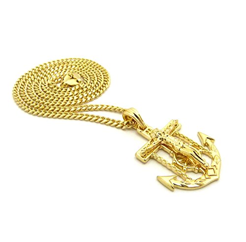 Shiny Jewelers Usa Mens Jesus Anchor Cross Hip Hip Jewelry Pendant 24" Box Rope Cuban Chain Necklace (Cuban Chain Gold) #TOP4