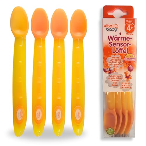 Vital Baby Wärme Sensor Löffel extra weicher, extra langer Fütterlöffel/Babylöffel/Breilöffel/Beikostlöffel für einfache und sichere Nahrungsaufnahme für Babys, zum Essen lernen, 4 Stück