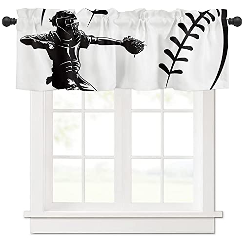 Anzona Curtain Valance 54" X 18", Black And White Big Baseball Catcher Window Valances Rod Pocket Curtains Drapes, Sport Boy Simple Short Topper Curtain For Kitchen Cafe Living Room, 1 Panel #TOP8
