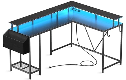 L Shaped Gaming Desk with Power Outlets & LED Lights, Computer Desk with Monitor Stand & Storage Shelf, Home Office Desk Corner Desk with Hooks, Easy to Assemble, Black