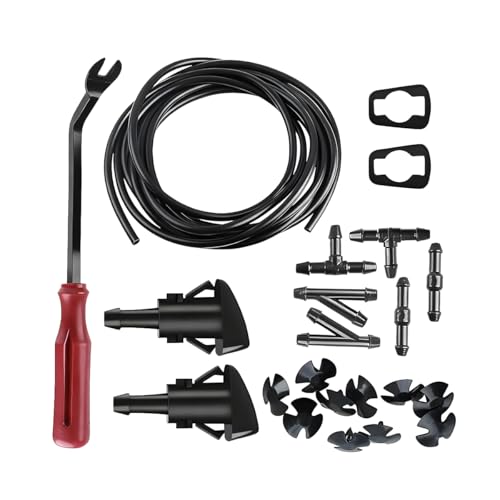 TNAIYH 22PCS Car Windshield Washer Hose Kit, 2 Meter Windscreen Fluid Hose with 2 Fan Nozzle, 6PCS Connector, Auto Windshield Fluid Tubing Washer Nozzle Replacement, Universal Fit (Red)