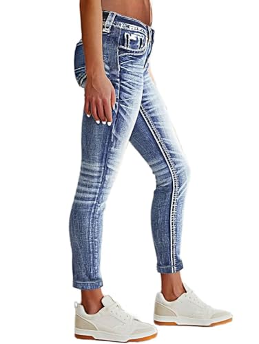 Flamingals Women's Mid Waisted Button Fly Straight Leg Front Jeans Topstitching Ripped Casual Denim Pants2