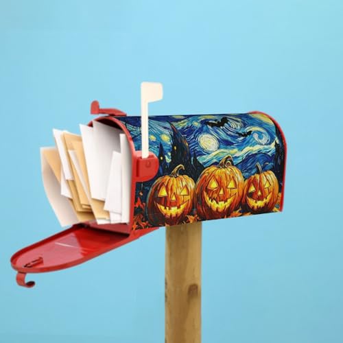 Image of Halloween Pumpkin Starry Night Mailbox Cover Magnetic 21x18 Inch | Fall Autumn Spooky Castle Bats Horror Mailbox Wrap Post Cover Standard Size for Garden Yard Outdoor Outside Holiday Decor