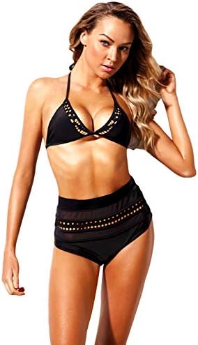 Bdcoco Women's High Waist Two Pieces Bikini Set Padded Stripe Tassel Swimsuit Black