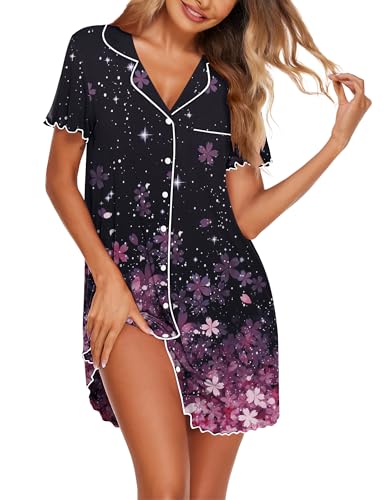 Image of Ekouaer Nightgowns for Women Button Down Sleep Shirt Short Sleeve NightShirts Boyfriend Sleepdress Soft Pajama Dress