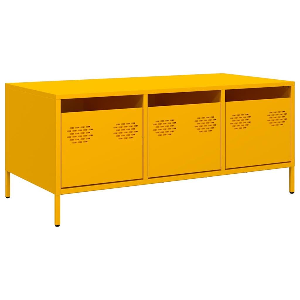 Table basse industrielle jaune moutarde en acier avec 3 tiroirs