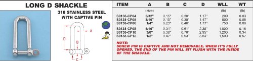 Suncor 316 Stainless Steel Long D Shackle (with Captive pin) 5/32