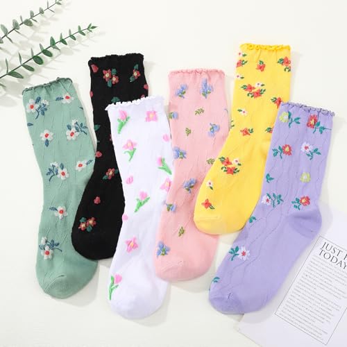 Image of 6 Pairs Women Ruffle Frilly Socks, Cute Floral Ankle Socks for Women Cotton Knit Casual Crew Sock Size 5-9