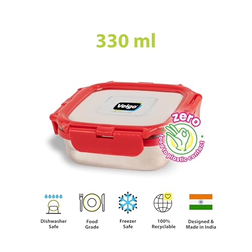 Image of Veigo Original Stainless Steel Medium Snack Box (300 ml), Airtight & Leakproof, Freezer & Dishwasher Safe, Snacks Box for School, Silicone Ring & Polymer Frame, Safe Lid Lock, Red