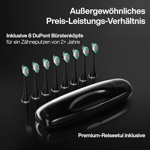Aquasonic - Black Series Ultra Whitening elektrische Zahnbürste | ADA akzeptierte Zahnbürste, 8 Bürstenköpfe & Reiseetui, 40.000 VPM Elektromotor & kabelloses Laden - 4 Modi mit Smart Timer