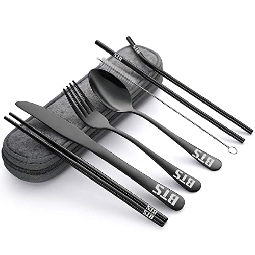 Kpop BTS Bangtan Boys Travel Camping Cutlery Set - Portable Lunch Utensils Set with Case and Straw, Straight Straw, Knife, Fork, Spoon, Chopsticks, Cleaning Brush 8 Piece (Black)