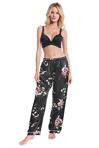 Lavenderi Women’s Silk Satin Pajama Pants, Long Sleep Pants With Drawstring (Black Aop, Large) #TOP1