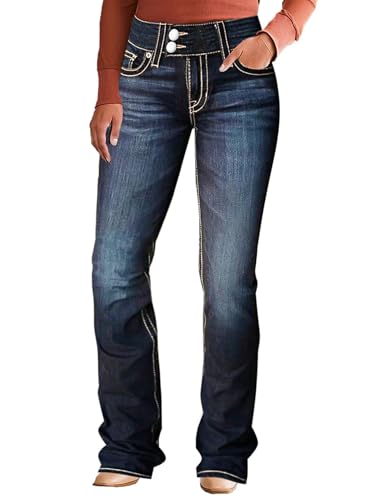 Flamingals Boot Cut Jeans for Women Mid Waist Trendy Tummy Control Flare Denim Pants Blue