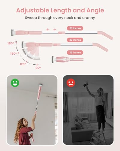 Leebein Electric Spin Scrubber, Shower Scrubber with 4 Adjustable Angles and 8 Brush Heads, Electric Scrubber with Long Handle & Remote Controller, Cleaning Brush for Bathroom, Tub, Floor (Pink)