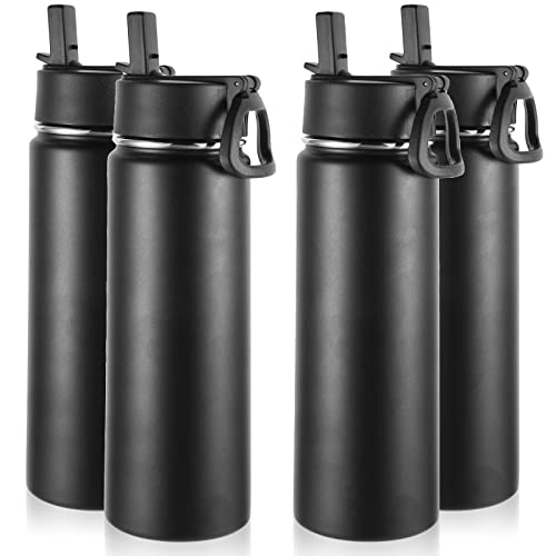 Image of Volhoply Insulated Water Bottles with Straw Bulk 4 Pack, 22 oz Stainless Steel Sports Bottle with Handle Lid,Double Walled Vacuum Metal Travel Water Cups with Wide Mouth for Cold Drink(Black,4 Set)