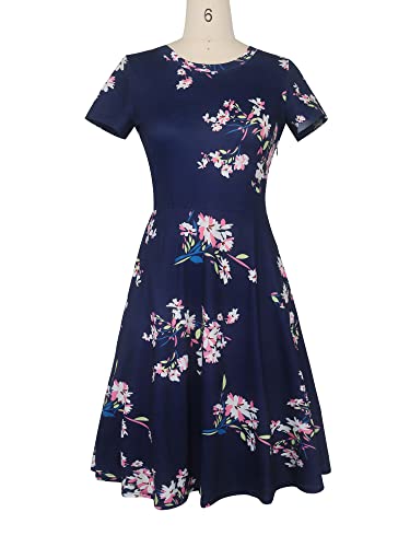 Image of oxiuly Women Casual Dress Round Neck Soft Cotton Floral A-Line Midi Summer Dresses with Pockets OX262