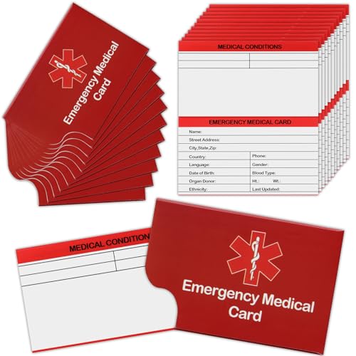 12 Pack Red Emergency Contact ID Wallet - Pocket Size, Medication List, Caretaker Cards