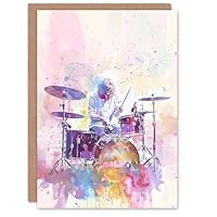 Artery8 Rainbow Modern Watercolour Portrait Drummer Drums - Personalised & Blank Greeting Card MCL