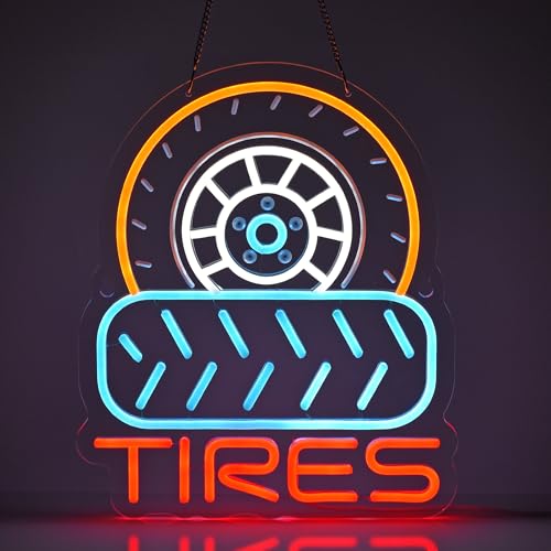 Image of Tires Neon Sign,USB Powered Dimmable Wall Decor LED Light | Neon Lights Hanging Wall Art Decor for tire Shop Auto Supplies Car Service Repair Garage Workshop,Ultra Bright, 15.35*12.6in