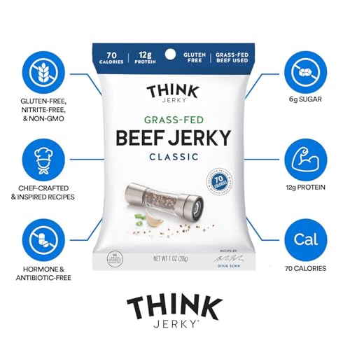 Think Jerky Beef and Turkey Jerky Variety Pack, Classic, Sweet Chipotle, Sriracha Honey, Sesame Teriyaki, Healthy Meat Snack, Low Calorie Low Fat - 1.0 oz Bags, 8 Pack, 2 of Each