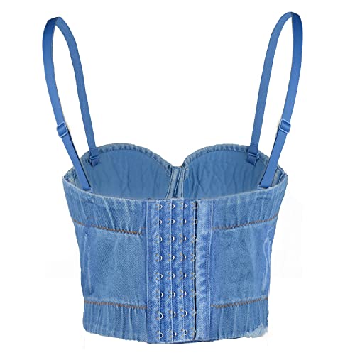 Ellacci Women's Tassel Rhinestone Denim Bustier Crop Top Jean Corset Top Bra Blue Large #TOP2