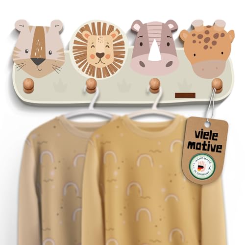 Perchero infantil con 4 ganchos – Perchero de pared con motivos de animales para habitación de los niños – Perchero de madera – Perchero para niños «Mikkvill» para taladrar – Perchero de madera